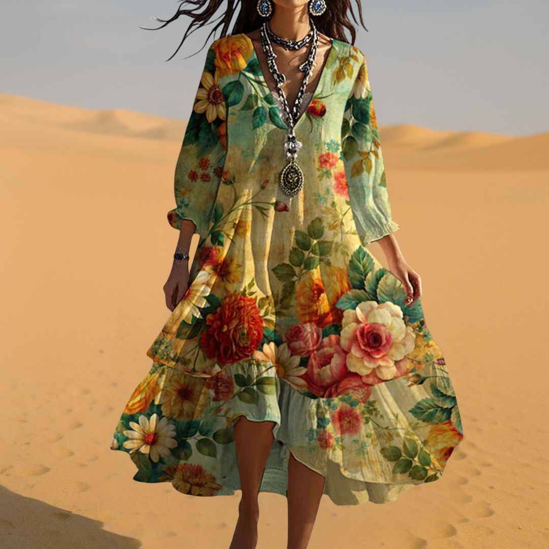 Angelica™ – Vintage Boho V-ringad Klänning